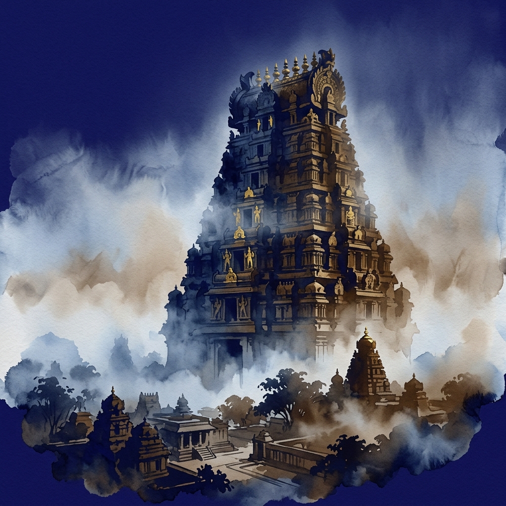 Ancient temple silhouette emerging through mist